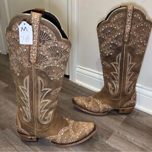 Lane Calypso Stud Suede Cowboy Western Boots in Burnt Caramel